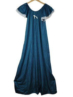 Dream Wear NIghtgown Blue Green Medium Lace Trim Nylon Flutter Lingerie USA VTG